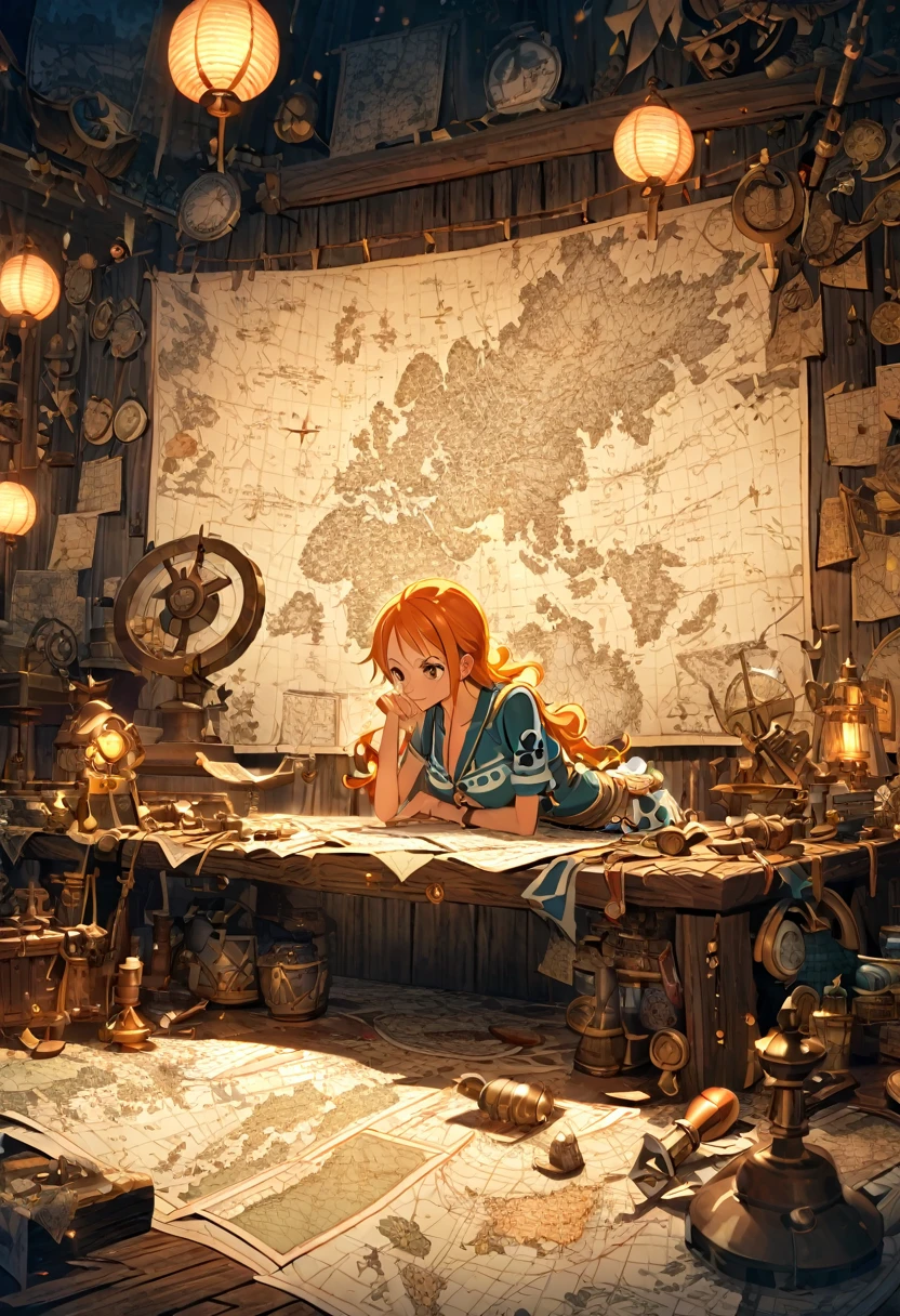 Nami, from One Piece, is seated at a large, intricately detailed map spread across an ancient, weathered wooden table. She leans over it with a focused expression, her orange hair falling around her shoulders as she traces new routes with her finger. The dim lantern light casts a warm, golden glow, highlighting her concentration. Nautical tools like compasses, maps, and rulers are scattered around, while a small, magical glow seems to emanate from a marked X on the map, symbolizing her journey toward a grand destiny. The background is filled with maritime artifacts and maps, adding to the atmosphere of exploration and adventure.