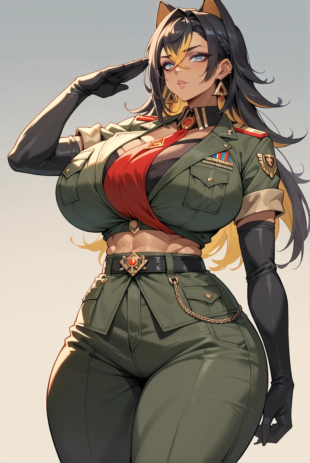 Dehya,beautiful face and eyes,(military Costume,pants,elbow gloves,),salute,gigantic huge busty,huge hips,solo girl,