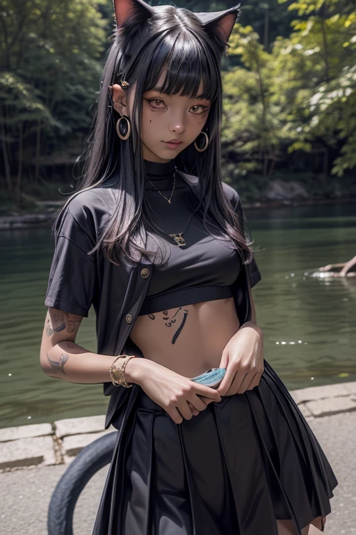 masterpiece, high resolution, best quality, ultra-minimal body, ultra-minimal height, flat chest, baby face, girl in school uniform by the river feeding fish to a kitten, cat ears, cat tail, colored hair, piercing, makeup, tattoo