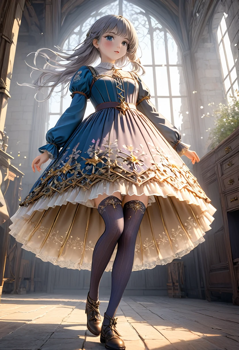 (  Highly Detailed CG Octane Rendering 8k Wallpaper ),  World's Most Beautiful Artwork ,  full body shot seen from below , Complex,  high detail, ８  girls, Silver and gold embroidery,  Medieval Long Gauze Dress （With panniers）, Crystal Clear Fabric,  raise my skirt , Strong winds, Transparent slip, Translucent Tights , Peeking from below, Best Quality, Disarray of clothing,  lies down, underwear,  show off your thighs, Knight , Skirt lining, Bloomers