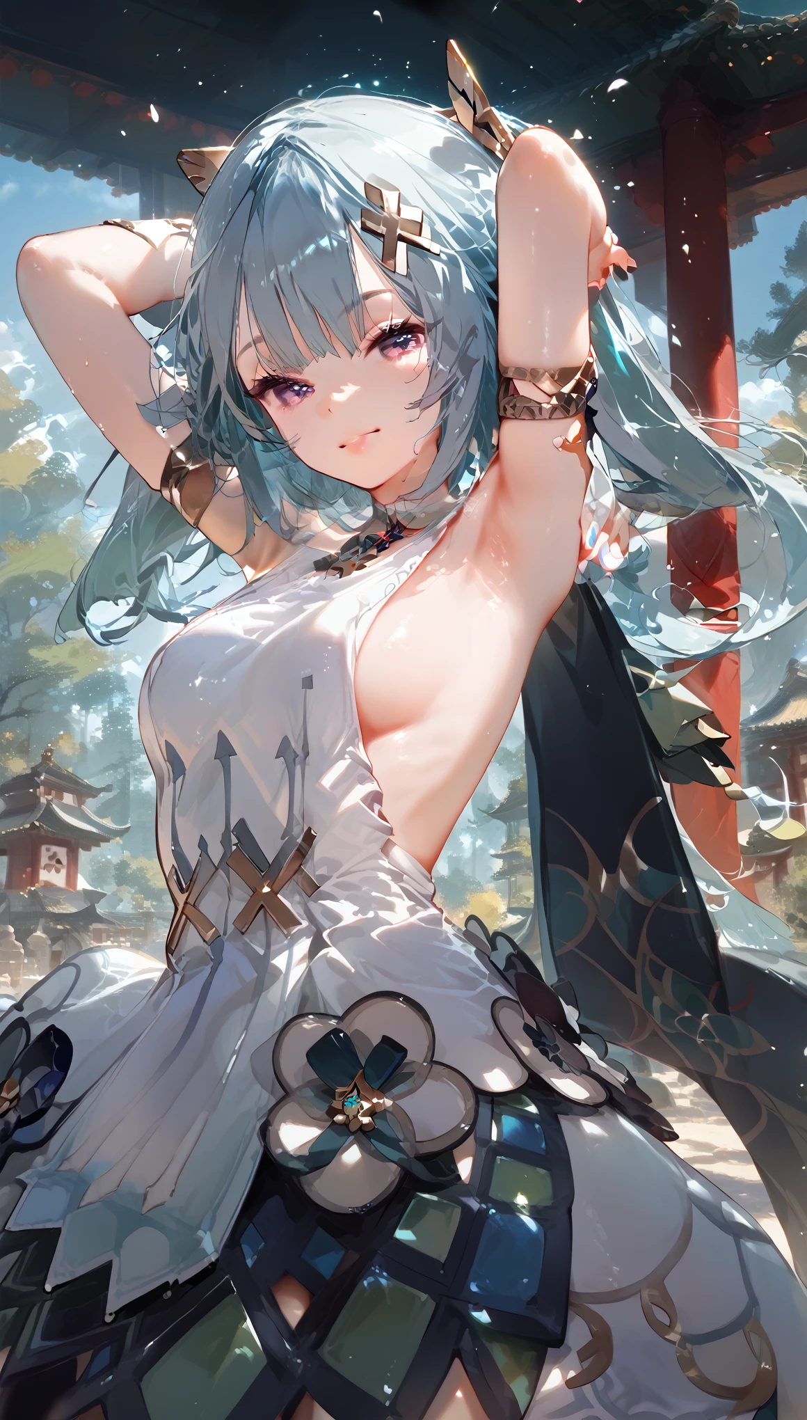 masterpiece, 8k, high resolution, shrine, semi-realistic, 1 girl, portrait 3:4, (high detailed face), (detailed body and dress), (detailed hands, no bad hands, No bad fingers), dancing, arms up, (hands behind the head), smile, looking at viewer, dynamic, medium breasts, sexy, perfect body, perfect legs, no stockings , Faruzan (genshin_impact), genshin_impact, sideboob,sexy hot,