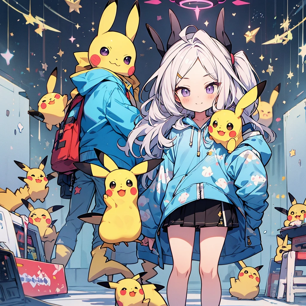 super cute face,cool,halo,pikachu printed hoodie,standing,pikachu ears、