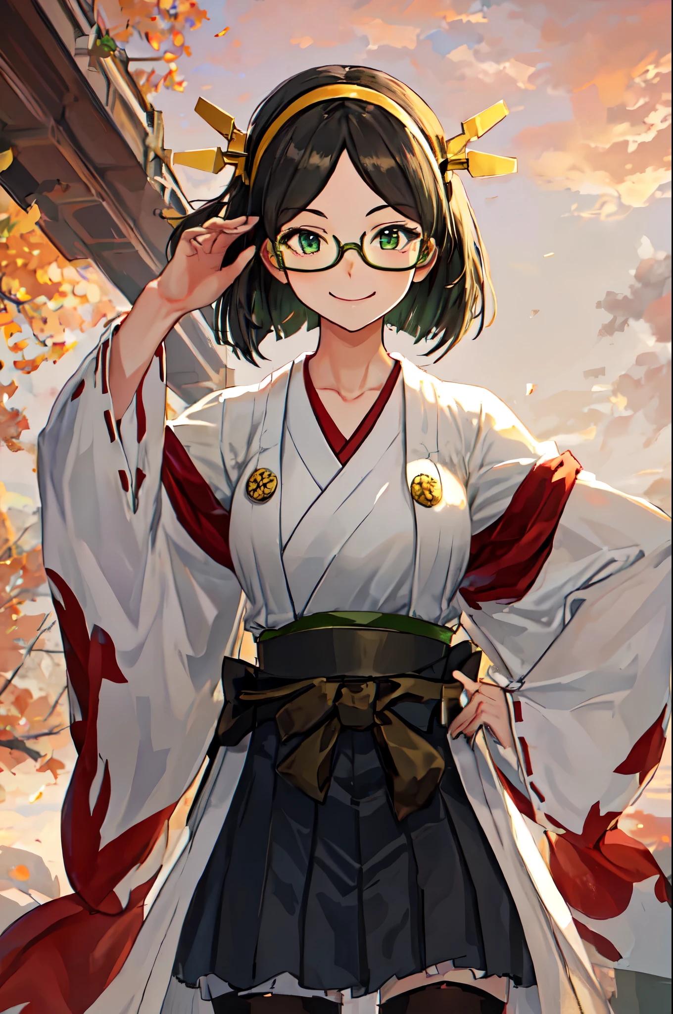 Best Quality, masterpiece,  high resolution on down, Alone, {Kirishima_ fleet this:1.15}, short_hair, Glasses, black_hair, hairband, Non-traditional_Shrine maiden,  GREEN FRAME_Glasses,   headgear , smile, breast