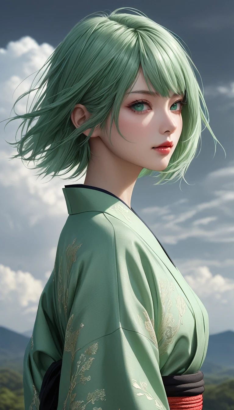 masterpiece,   high resolution on down ,   anatomically correct , 最 high quality,   high detail ,  high definition model ,   very detailed,   high quality,  Ultra High Definition,   Textured Skin, Realistic Skin, mint green hair, short hair, straight hair,  Sparkling Eyes, Adult women, textured lips, 
 has a faint smile,
Green kimono,
The image of the wind,
Dim cloudy sky ,
Fantastic Background,