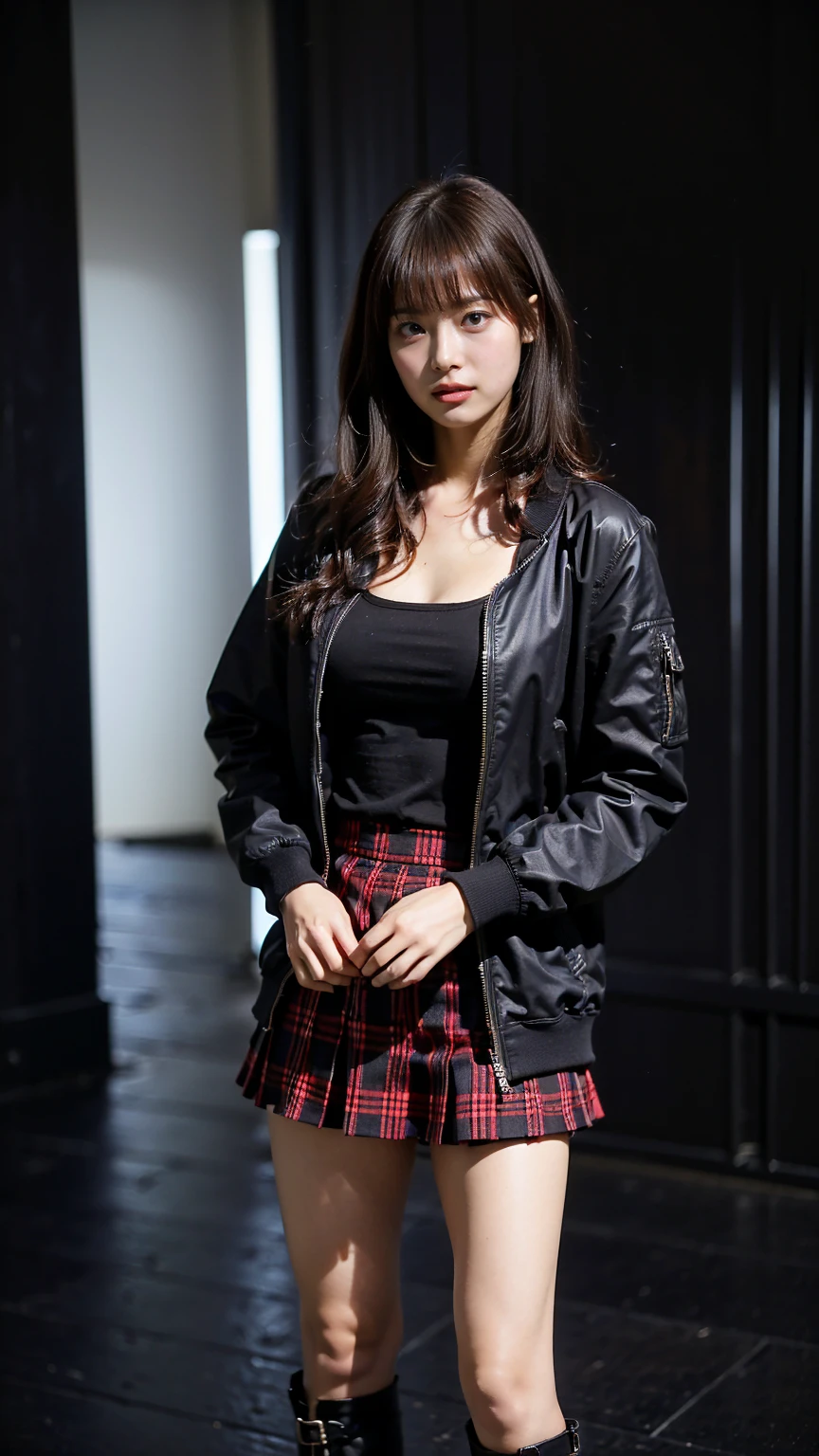 (8k、 RAW photos up close、Best Quality、masterpiece:1.2)、(Realistic、Realistic)、1 person、((Black Set Up 、 jacket、 Black Tight Plaid Mini Skirt、 boots、 big breasts at the temple、 medium hair、Thin legs、Dark Background、whole body、I'm standing with my hands on my lower back )、cute