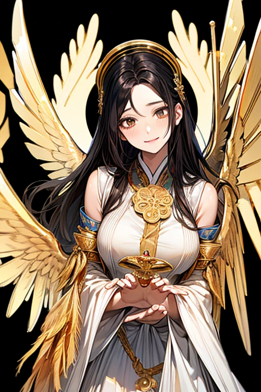 minju, 1girl, masterpiece, missionary_position, sexy, (((black hair))), light brown eyes, laugh,masterpiece, best quality, in detail,cute, (split), whole body,sexy, (Beautiful breast), (beautiful body),large breast, Very detailed、highest quality、Best image quality, ((gold wings))