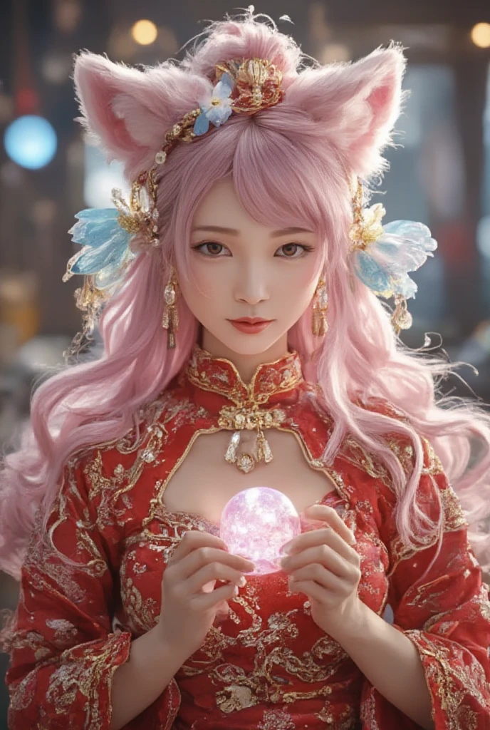 [Imagine:1.0]，[Wide Angle:1.0]，  clearly shows her three-dimensional ancient style  ，Vivid Chinese aesthetics， League of Legends Tanuki，whole body照，Perfect hands  ，   long pink hair ，  Nine fox tails on the coccyx ， Pink Fox Ears，Red warrior costume， Energy ball in hand，wallpaper，   Game battlefield background ， Sexy oriental face ，Game Screen，  Beautiful facial features，(whole body:1.4)，  bright colors  ，Glittering clothes，Using flash stone pattern，  Shoes made of translucent crystals ，  Colorful gradient fluorescent ribbon， Beautiful，Light Wave，Tradition， Beautiful，perfect composition，  Ultra HD，Crescent moon earrings，Eyebrow lift ，Baoyu Fengzhi，Forehead ornament，( Look directly at the audience :15)，((((  to face the audience))))， Heavenly Goddess ，Astral，Dream，Beautiful Tianling， Beautiful fantasy painting ， Beautiful Fantasy Art ，Dream幻， 非常 Beautiful Fantasy Art ，Digital Art Fantasy， Charming and otherworldly，Fantasy beauty，Volumetric Light，Natural soft light，(Ultrafine:1.2， bright colors ，  cinematic lighting ，  Light and Dark Contrast，  ray tracing，  surrealism ， Ultra HD， masterpiece ，Precise，  ANATOMICALLY CORRECT ， textured skin ， Ultrafine节，8K)