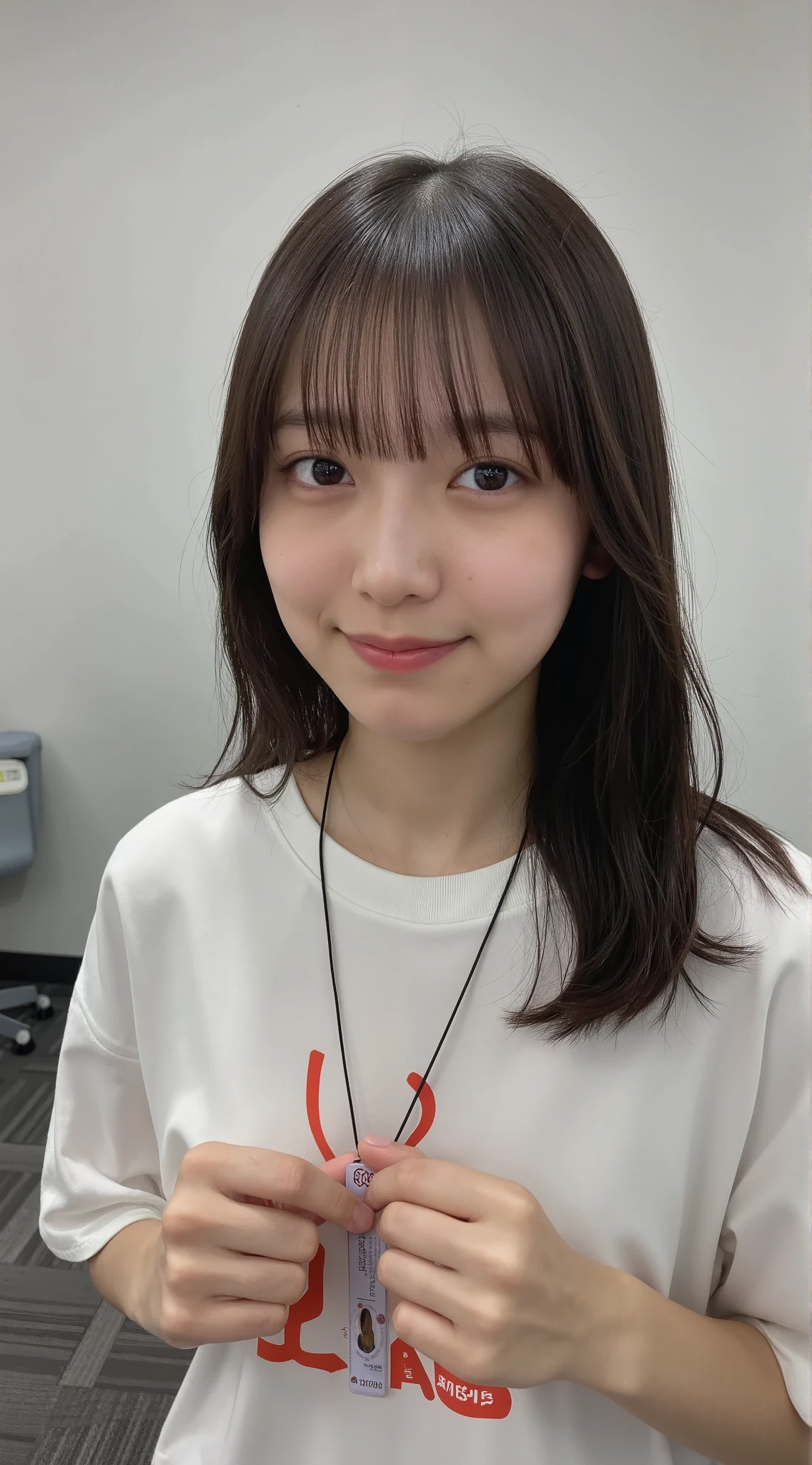     A Japanese girl is giving a presentation in front of many men at work　Glasses　Brown-haired smile       ,     Her long hair covers her eyes 　 and her business card hangs around her neck    