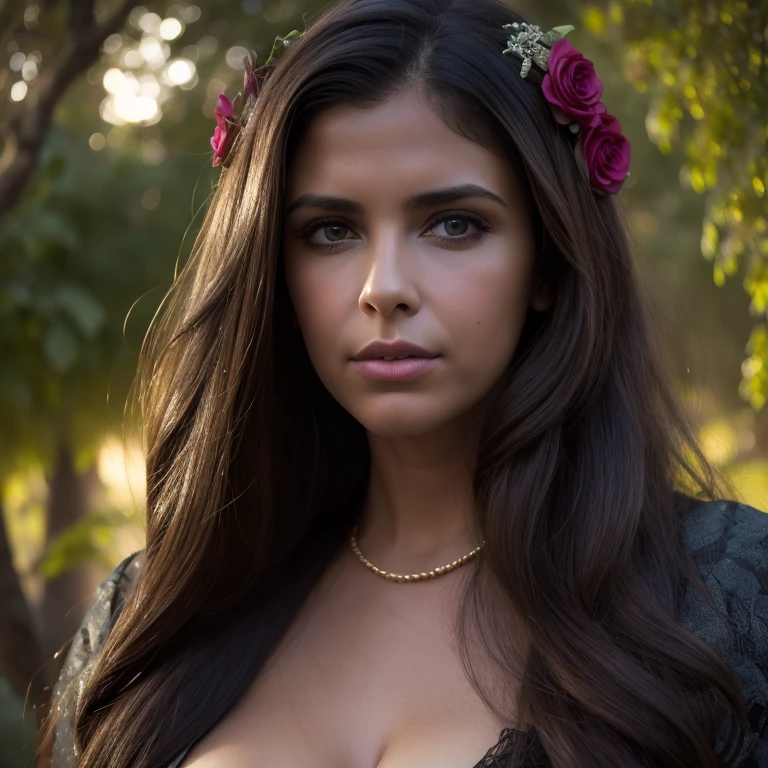 1girl, beautiful detailed eyes, beautiful detailed lips, extremely detailed face and portrait, long dark hair, elegant victorian dress, standing in a lush garden, (best quality,8k,highres,masterpiece:1.2),ultra-detailed,(realistic,photorealistic,photo-realistic:1.37),intricate details,dramatic lighting,cinematic composition,rich color palette,vibrant colors,dramatic chiaroscuro,Renaissance art style, FelissaRose006