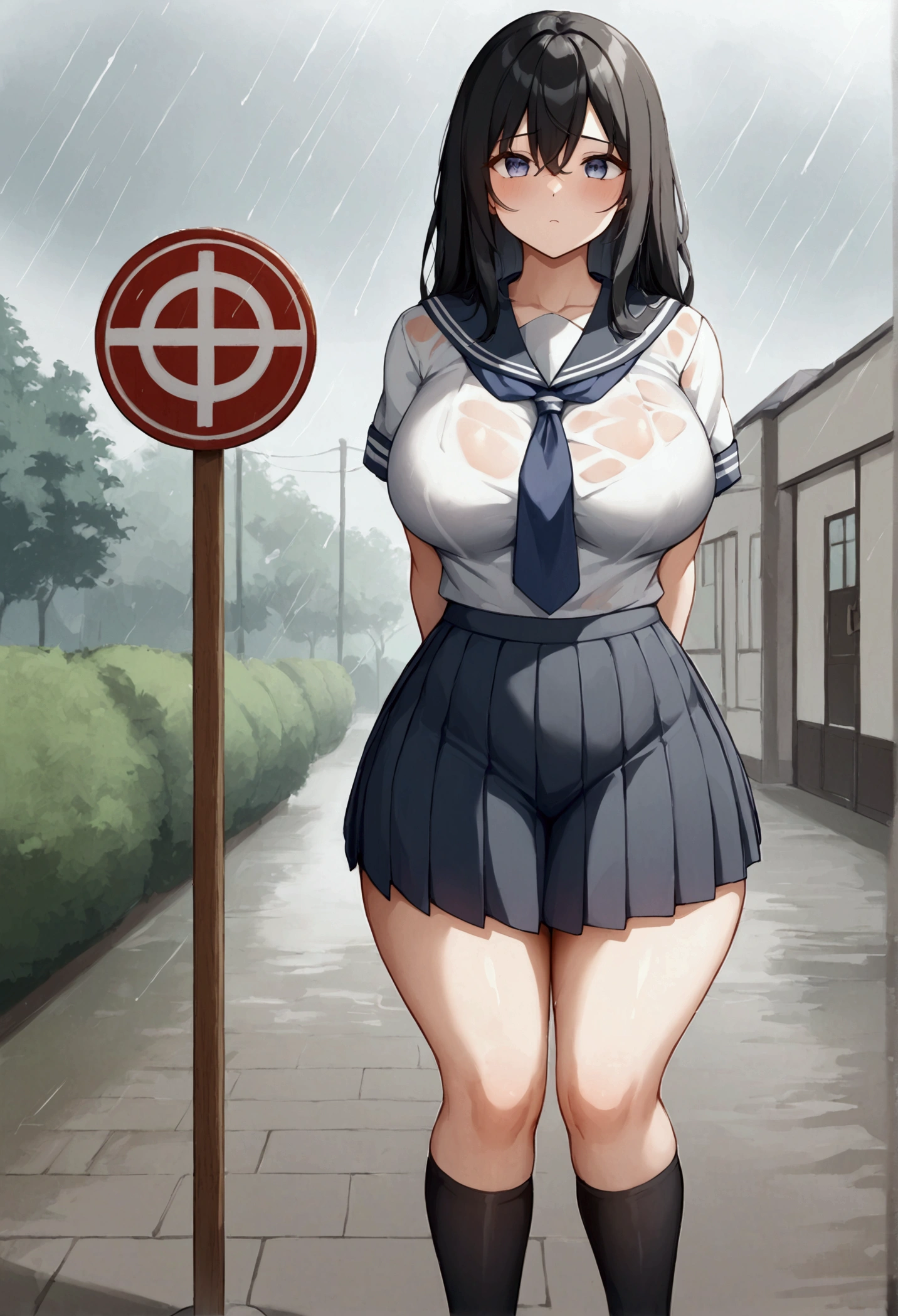 (nsfw:1.5),(Giant schoolgirl:1.2)、barefoot、mini city、Are standing、stepping on a small house、obesity
