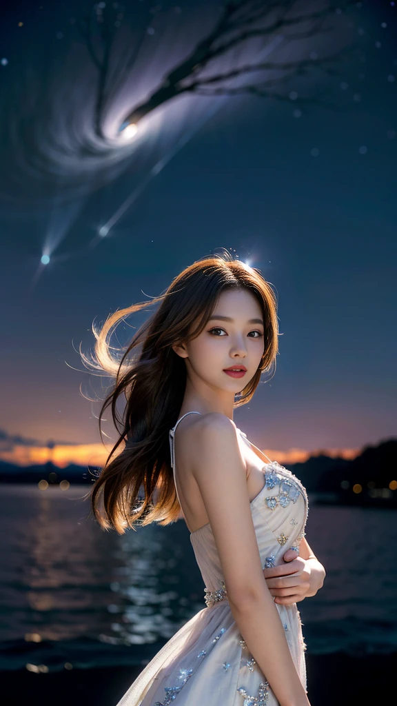 ( 最 high quality,16k, High image quality,masterpiece:1.2),  ultra detail  ,Realistic:1.37,  galaxy background  ,Shining Star,Mysterious atmosphere,  bright color,Grace,Mysterious,Celestial Bodies,moonlight,reflection,  cosmic energy  ,Distant Galaxy,  Dazzling Beauty  ,星のSparkle,Celestial Bodiesemissary,Stardust,Magical Garden,Starry Night,star silhouette ,  Seamless Blend  ,interstellar travel,natural beauty,Sparkle, floating petals ,Celestial Bodiesgoddess,  Fashion Statement  , High image quality,最  high quality, High image qualityモデル,  high quality, very detailed, 超High image quality, Firm skin ,  cinematic lighting effects  , realism,  Portrait photo ,Detailed shooting ,masterpiece,Graceな姿勢,  charming smile  , Hair flows in the wind  ,8-Head Beautiful Girl, rich colors,The right gaze,  beautiful size and balance between left and right eyes, Beautifully balanced eyes  ,Correct and beautiful gaze,kind expression, Long swaying hair  ,  gradation from red hair to blonde ,  Long Hair Fluttering in the Wind ,(Slightly small face)、(  very beautiful bust shape  ),((Ample Bust)), Beautiful breasts ,(((  thin waist ))), very beautiful butt ,  Anatomically Accurate Arms and Legs  ,  Anatomically Accurate Fingers and Toes  ,  small eyes ,Slightly upturned eyes,  charming platinum lace embroidered dress  ,(( Fine Stitched Dress )),(Dress woven with colorful yarn ),(( Sheer Dress )),(( Tracey Dress )),  charming smile  ,((Sea Art Infinity))
