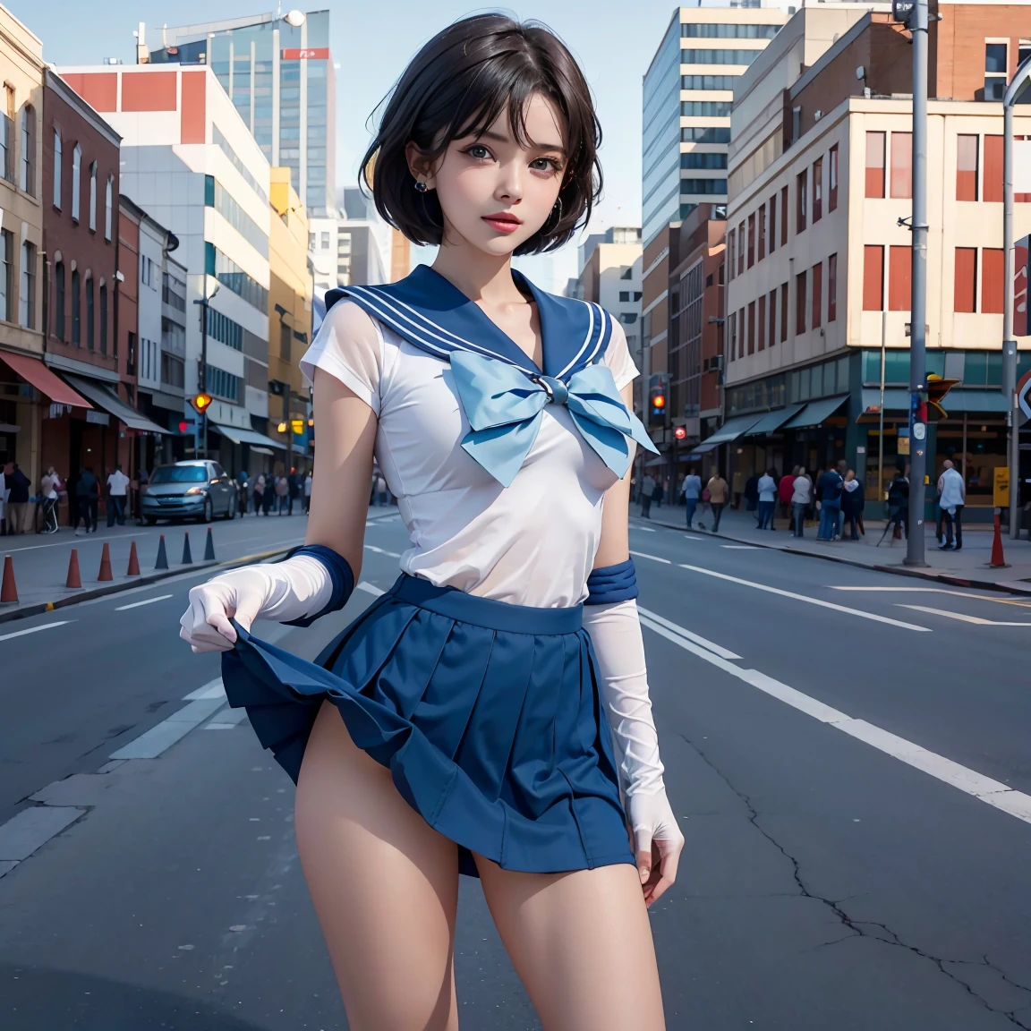 sailor mercuryがCowgirlで性交する, (((realistic, highest quality, High resolution, real women pictures:1.2))), (((sailor mercuryのレオタードを着ている:1.3)), (sailor mercuryのコスチューム:1.3), (slender body shape:1.8), Cowgirl性交する, (anatomically correct:1.3), short-haired with bangs, (White sailor warrior leotard whose fabric is too thin:1.2), 膣に陰茎を挿入するCowgirlポーズ, curved body, not wearing underwear, The lower part of the body is exposed, 大きく股を開いてCowgirl, Her white leotard gets wet with sweat and sticks to her skin., Detailed depiction of the vagina, beautiful thighs, A huge penis is pushed up into the vagina, nose too small, toned stomach, 16 year old beautiful girl has sex with clothes on, saddle, Cowgirl, Girl Straddling Man, (normal limb), Too cute small face, The whole body is wet with sweat, put your hands behind your head, can&#39;I can't see my nostrils, realistic, vagina is wet, lips slightly open, (anatomically correct:1.2), man inserts penis into girl, sailor mercury, 16 year old female high school student, On a street with heavy traffic during the day, sailor mercuryは敵の陰茎を膣に挿入させられる