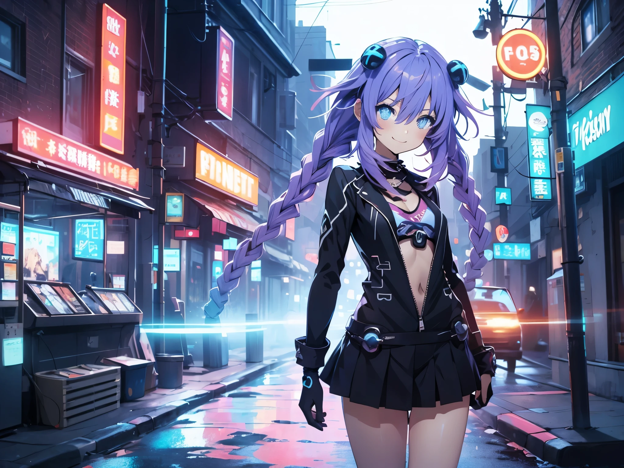 Masterpiece picture quality,Rainbow,Urban girl,ssmile,number art,style of anime,Retro anime girl,Punk girl,in an anime style,dual horsetail,Trendy,neonlight,depth of fields, Primer plano,