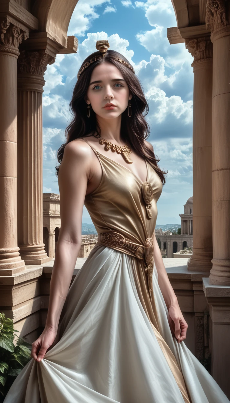 a beautiful young woman, pandora, the first woman of humanity, dark blonde hair, greek mythology, (best quality,4k,8k,highres,masterpiece:1.2),ultra-detailed,(realistic,photorealistic,photo-realistic:1.37),intricate details,hyper realistic, dramatic lighting, cinematic composition, chiaroscuro, glowing skin, piercing eyes, lush lips, delicate features, graceful pose, flowing dress, ancient greek architecture, dramatic cloudy sky, golden ornaments, mythical aura, ethereal atmosphere, rich color palette, dynamic composition