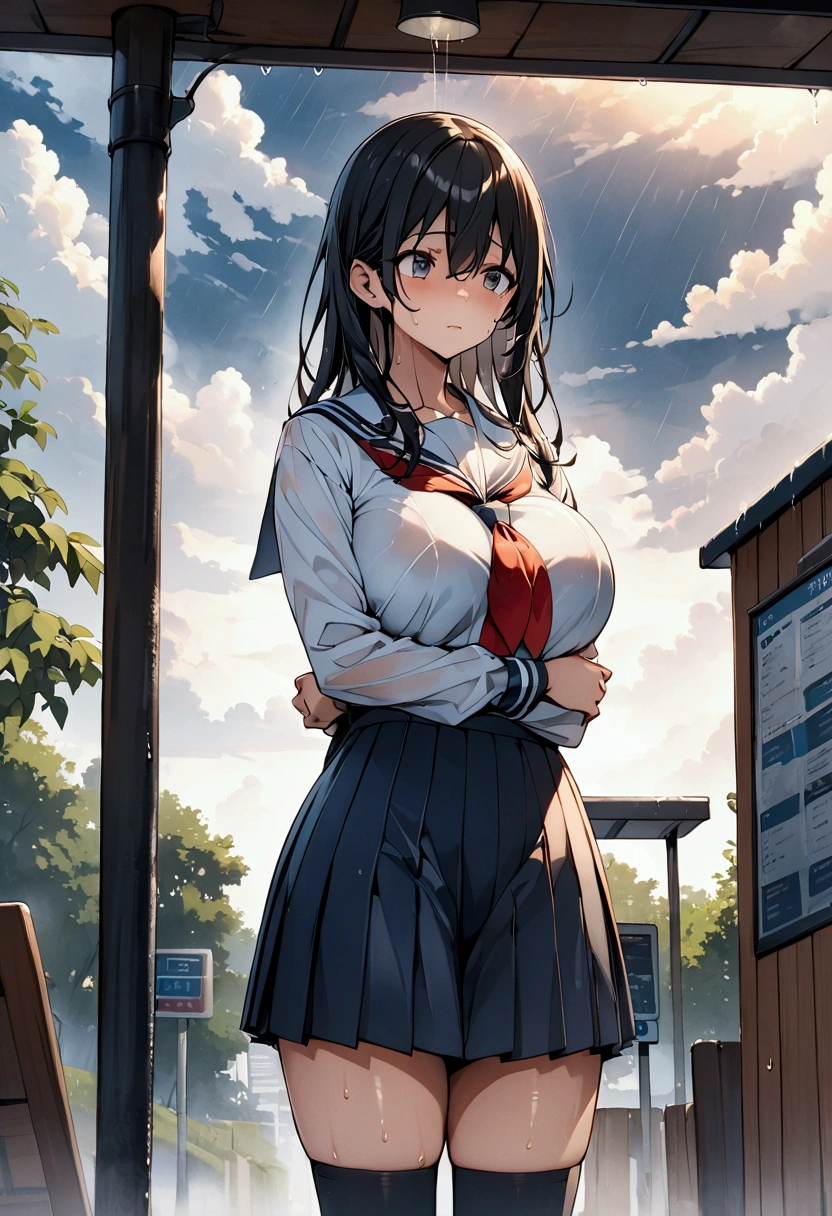 (nsfw,rain、injured woman、Wet from rain、nsfw)、(masterpiece,Best Quality,Detailed beautiful face and eyes,Perfect Anatomy,beautiful illustrations,best anime), (1woman,Red cuts、red scratches、red bruise)、20 year old beauty、brown hair、long hair ,blunt bangs,brown eyes,terful,Painful expression,perfect proportion,slender body,skinny,medium breasts,naked,gleaming skin,oliy skin,shiny skin,kneeling,Drenched clothes、torn clothes:1.3,breast、white panties、school clothes、white collar shirt、short sleeve,navy pleated skirt、mini skirt:1.2、Black High Socks、loafer shoes、Deep in the dark mountains、at night、forest、Old shrine、