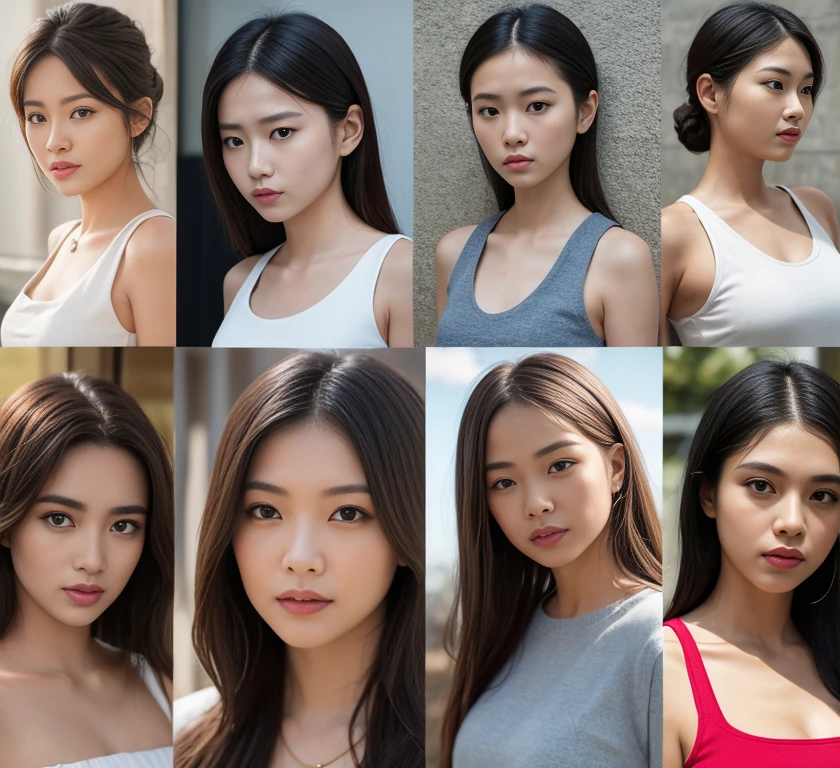 ((super high quality、High resolution、masterpiece、 Anatomically correct、Super detailed photos、Ultra-realistic photos、 Highest quality))、(3girls)、looking at viewer、studio lighting、(portrait))、(from front:1.2)、(big breast)、Small waist、Detailed face、Perfect figure、Three girls holding each other close、 ((Female announcer:1.2))、Television studio broadcasting the news、Cleavage、((news caster))、((sleeveless business shirt))、