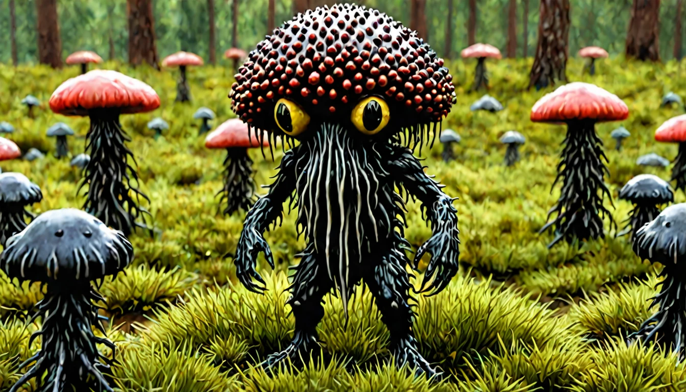 a close-up portrait of a wendigo character made of ferrofluid, red and yellow colors dominating the composition, inspired by the work of qiu ying, in a field of alien mushrooms, (best quality,4k,8k,highres,masterpiece:1.2),ultra-detailed,(realistic,photorealistic,photo-realistic:1.37),extremely detailed eyes and face,longeyelashes,highly detailed ferrofluid texture,fantastical alien mushroom field background,vibrant colors,dramatic lighting,cinematic composition