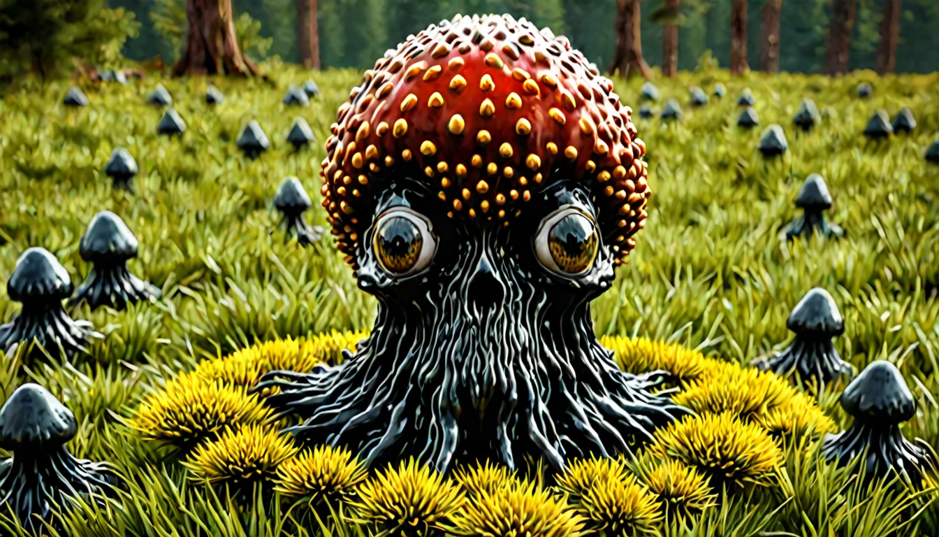 a close-up portrait of a wendigo character made of ferrofluid, red and yellow colors dominating the composition, inspired by the work of qiu ying, in a field of alien mushrooms, (best quality,4k,8k,highres,masterpiece:1.2),ultra-detailed,(realistic,photorealistic,photo-realistic:1.37),extremely detailed eyes and face,longeyelashes,highly detailed ferrofluid texture,fantastical alien mushroom field background,vibrant colors,dramatic lighting,cinematic composition