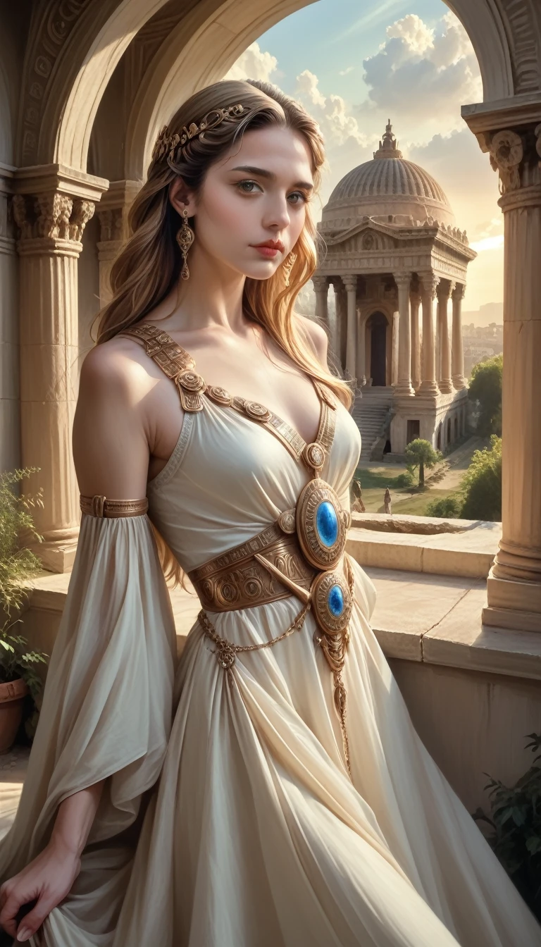 a beautiful young woman, pandora, the first woman of humanity, dark blonde hair, greek mythology, (best quality,4k,8k,highres,masterpiece:1.2),ultra-detailed,(realistic,photorealistic,photo-realistic:1.37),intricate details,hyper realistic, dramatic lighting, cinematic composition, chiaroscuro, glowing skin, piercing eyes, lush lips, delicate features, graceful pose, flowing dress, ancient greek architecture, dramatic cloudy sky, golden ornaments, mythical aura, ethereal atmosphere, rich color palette, dynamic composition