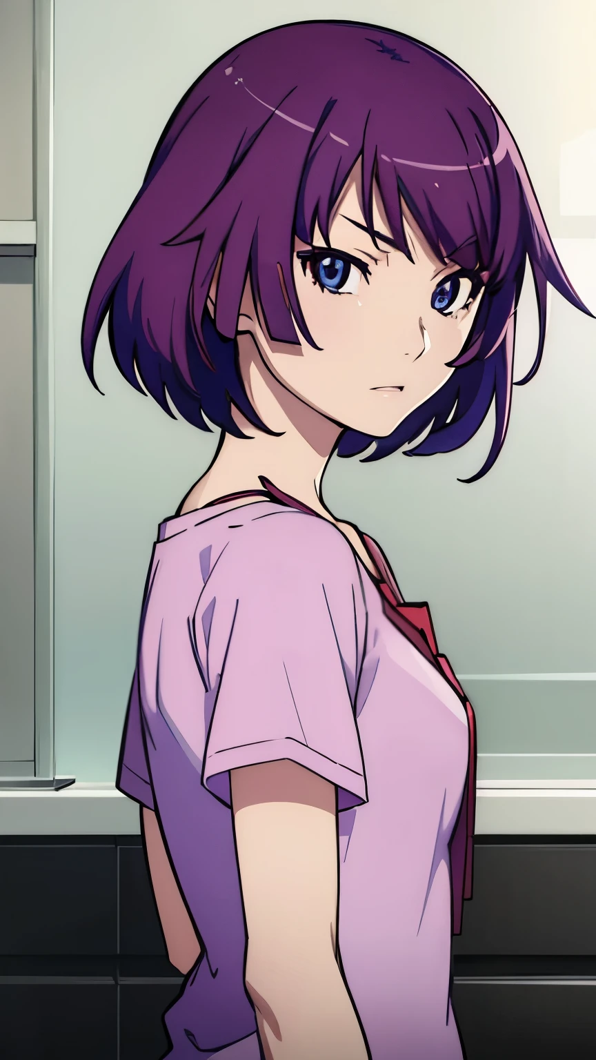 ((hitagisenjougahara)), a girl, Alone,  short hair,  Preview viewer , blue eyes, purple hair, Biting the shirt showing the bra 