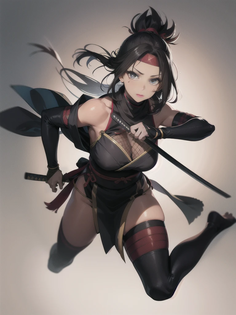 A girl, samurai,Japan too, Japanese cartoon movie, anatomically accurate , A series of character actions, Ninja, ponytail, masterpiece,  textured skin ,  action painting ,  dark makeup , brown skin,  Perfect Face  ,Perfect eyes, headband 