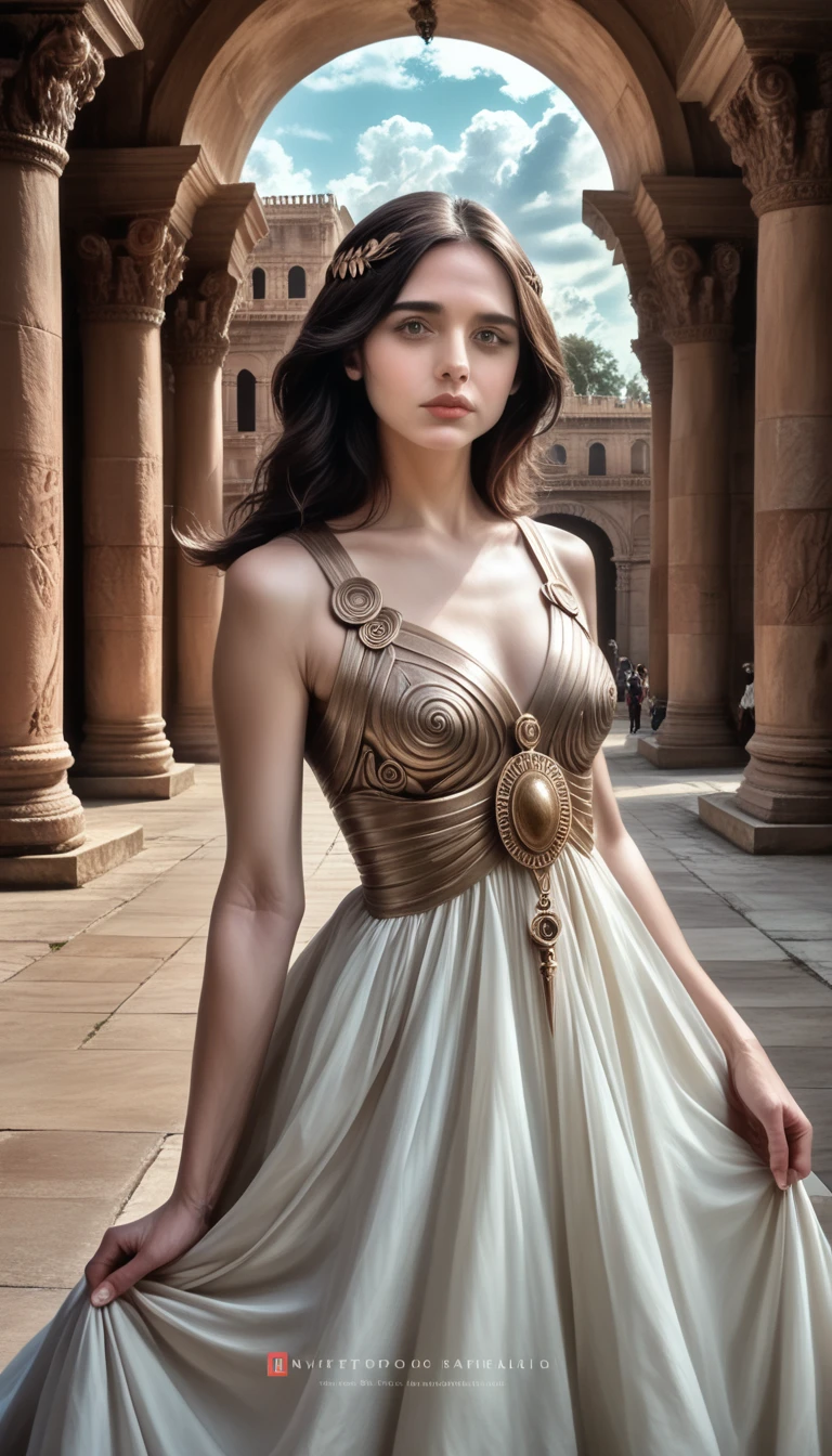 a beautiful young woman, pandora, the first woman of humanity, dark blonde hair, greek mythology, (best quality,4k,8k,highres,masterpiece:1.2),ultra-detailed,(realistic,photorealistic,photo-realistic:1.37),intricate details,hyper realistic, dramatic lighting, cinematic composition, chiaroscuro, glowing skin, piercing eyes, lush lips, delicate features, graceful pose, flowing dress, ancient greek architecture, dramatic cloudy sky, golden ornaments, mythical aura, ethereal atmosphere, rich color palette, dynamic composition