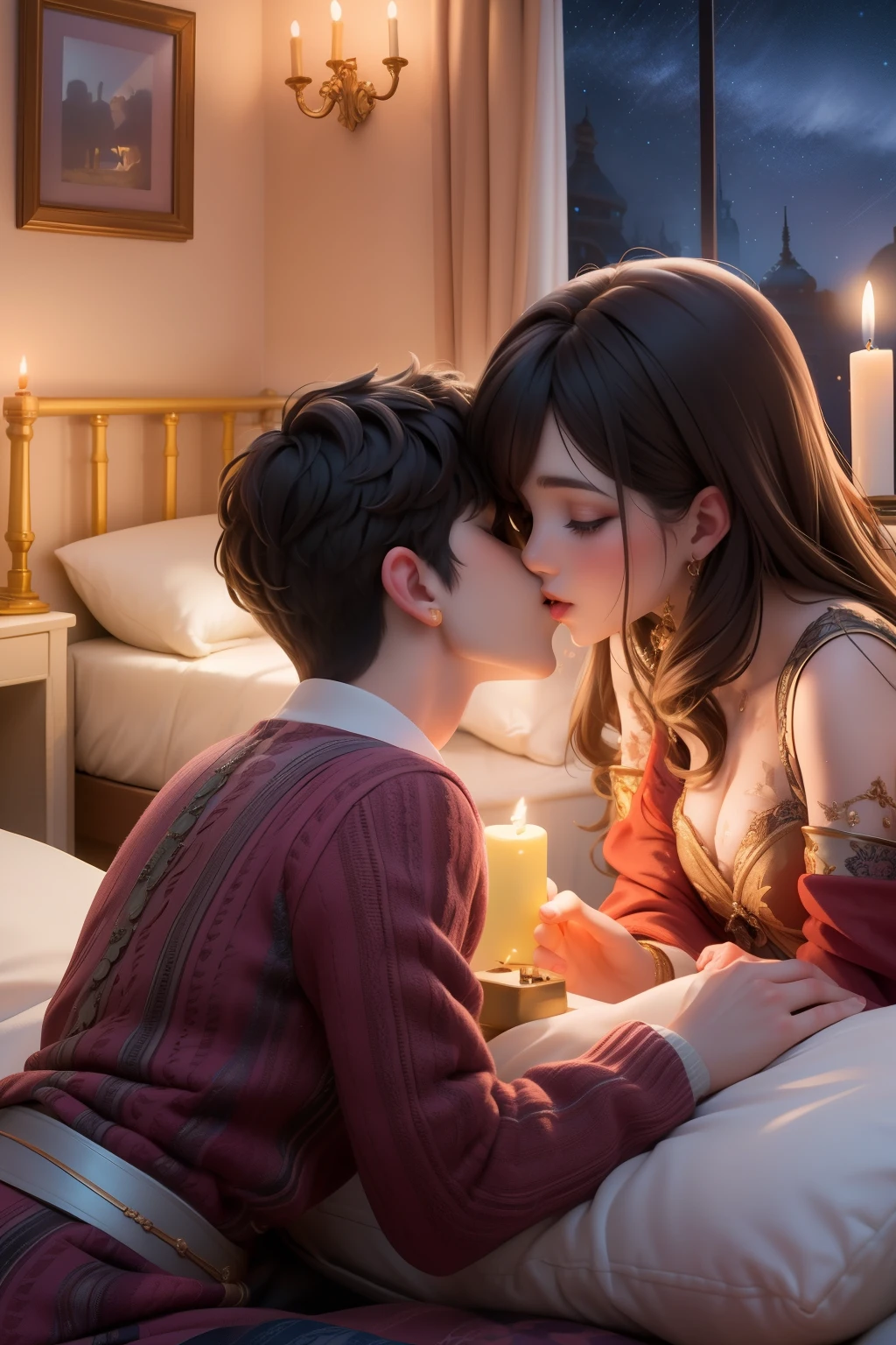 Boy and woman, beautiful woman, kissing each other with passion, in a bedroom, bright room, candles lit, night time,