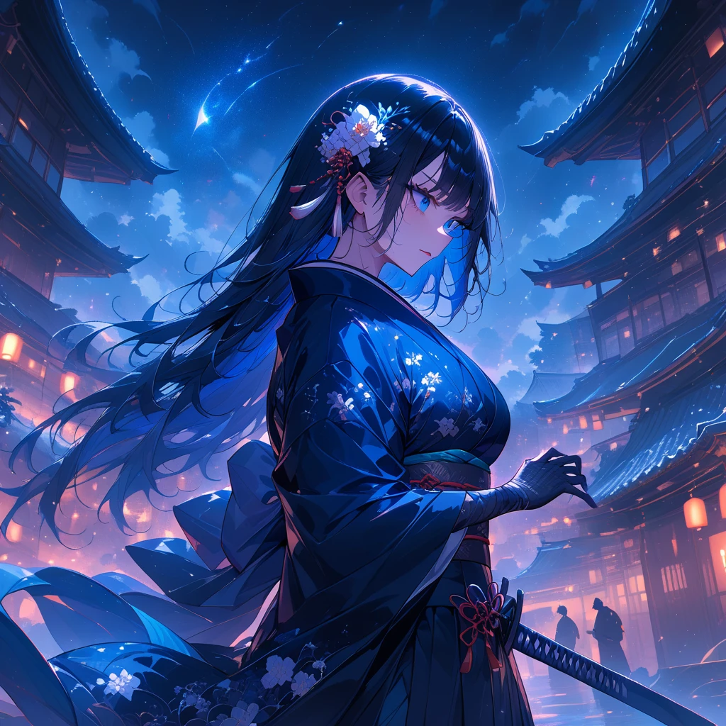 from side, facing away, battle stance, stylish attacking pose, Digital ink artwork of a beautiful black-haired samurai woman wearing a kimono with a Japanese sword, samurai, woman, glossy black hair, long hair, sharp eyes, blue eyes, kimono, obi, kanzashi, bandage gloves, clogs, midnight, curvy beauty, ethereal paint tattoo, cinematic angle ,（masterpiece：1.2）、（Best Quality：1.2）、（ very aesthetic ：1.2）、（ absurd：1.2）、（ detailed background）、up to date、Safety、complicated、 very detailed skin