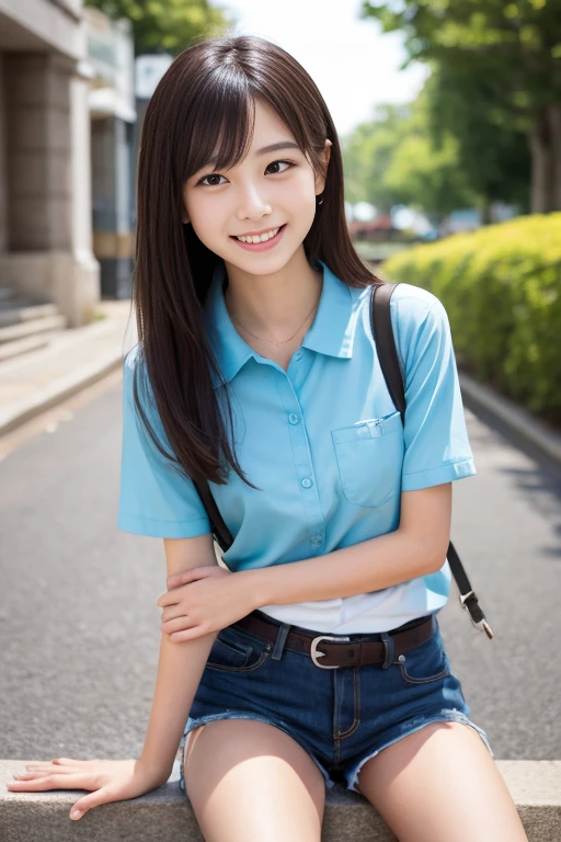        High Quality Masterpiece       , 8k,          Japanese Girls,         RAW photos up close,  Winner portrait smile face, 笑face, Alone, uniform, Summer Clothes Idol&#39;face, violet, Gardenia,           delicate girl,                                Long Black Hair      , Dark Eyes, Upper body digital SLR, Frank, Sophisticated,  Thin arms,   Perfect for professional writing          ,    chromatic ablation   , (Details of the eye and face: 1.0), (Bokeh button:1.1)