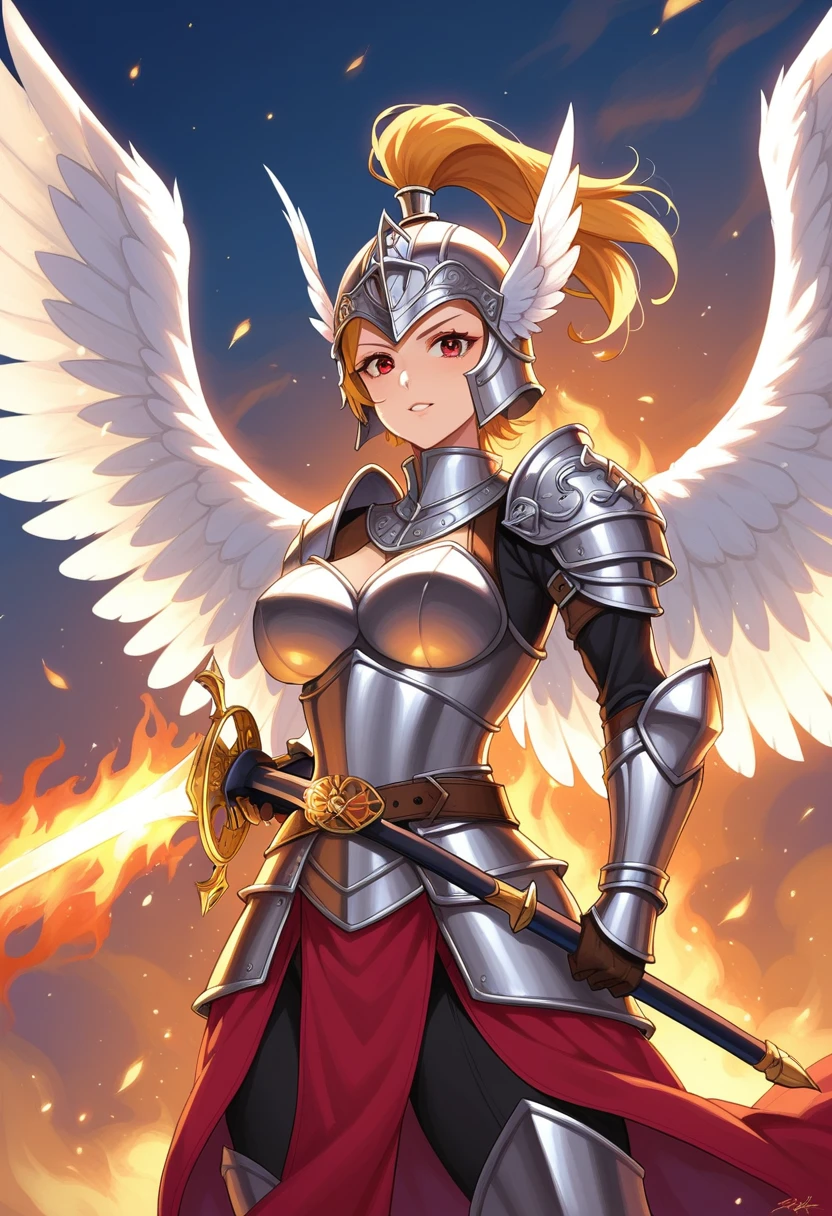  The best quality,  lonely mature woman , many curves, seductive, black armor, corona de flores, warrior girl wearing silver helmet , closed helmet, winged helmet, winged helmet, Gold jewelry, goddess, big white wings , short golden hair,  short hair,  hair is blond in color and short in size, reaching only the base of the neck, it is quite messy and has a somewhat pointed appearance.,  although he is mostly combed backwards , some fringes hang on his forehead , red eyes,  in her left hand she holds a long sword, Right hand holds a large shield , he wears full silver armor , wearing full armor ,  a human warrior Valkyria ,  raising her sword in the middle of her face , eyes on fire, Flaming sword ,  girl turning her back, Cover face ,  girl turning her back,  anime girl not looking at the camera,  girl looking forward , don't show your face ,  girl turning her back,  cover face 
