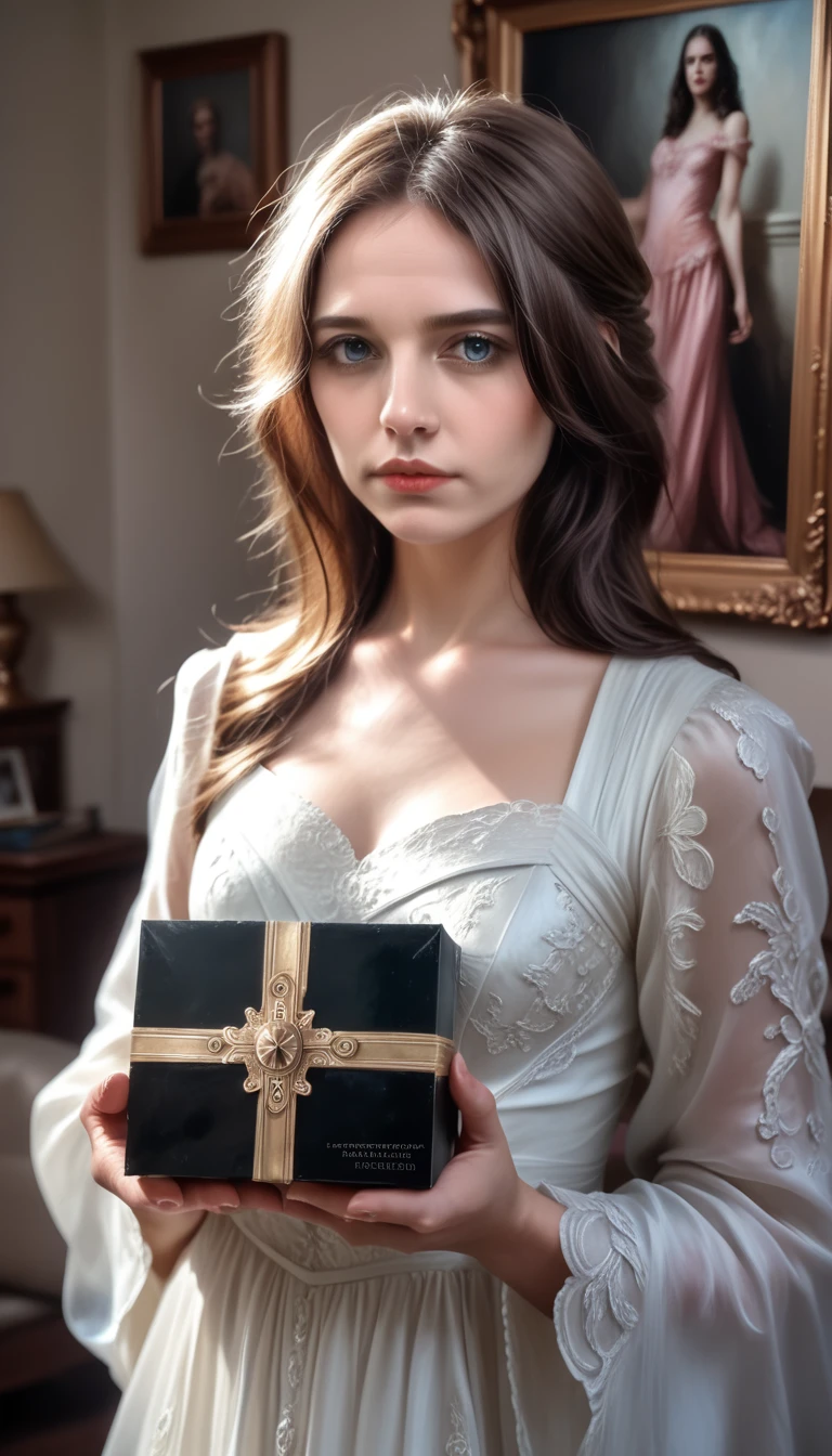 beautiful woman, pandora, dark blonde hair, first woman of humanity, young, holding a mysterious black box, greek mythology, (best quality,4k,8k,highres,masterpiece:1.2),ultra-detailed,(realistic,photorealistic,photo-realistic:1.37),highly detailed face,detailed eyes,detailed nose,detailed lips,elegant expression,elaborate ornate dress,dramatic lighting,dark moody atmosphere,rich vibrant colors,cinematic composition,digital painting