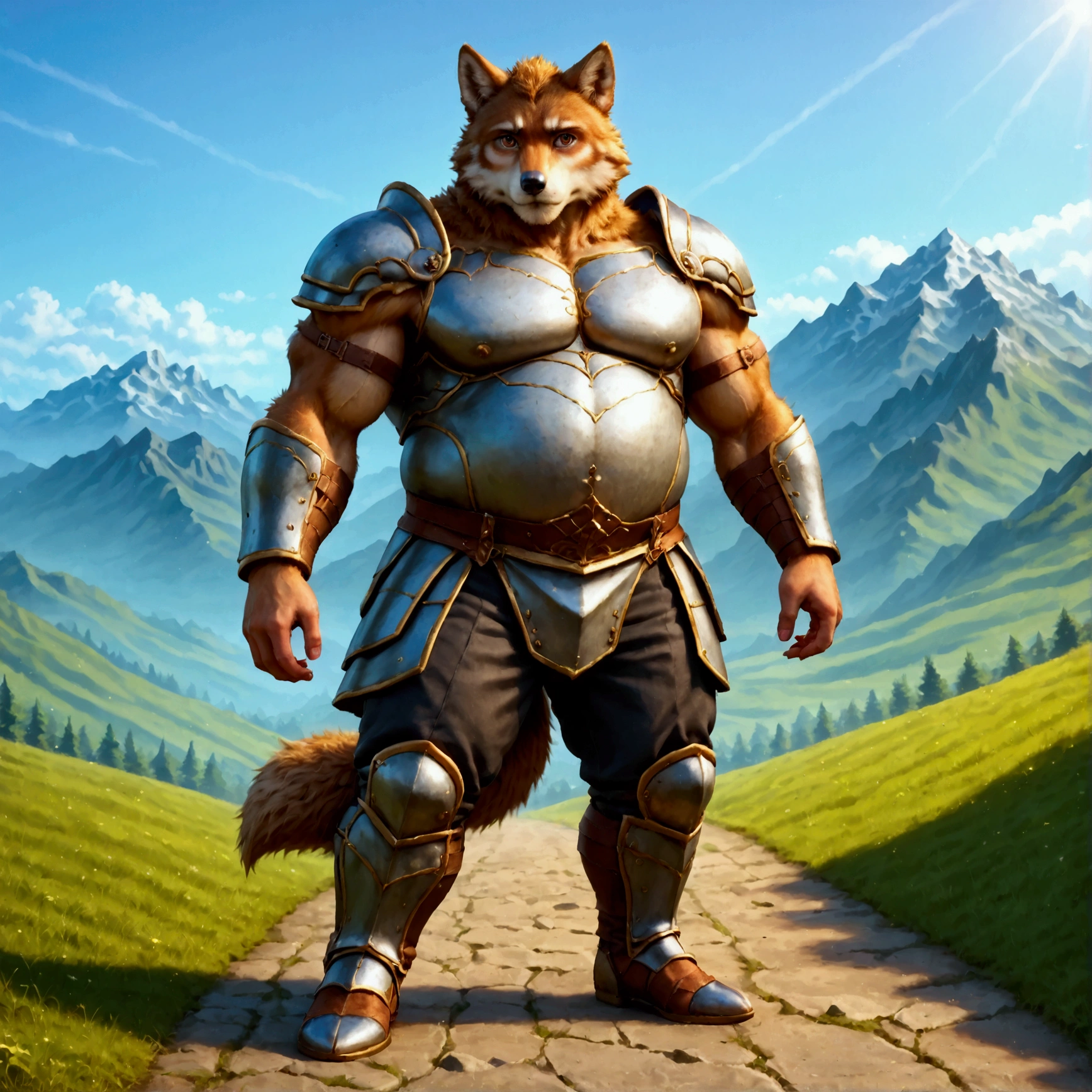 character focus, full body, looking away, various angle, european fantasy, a musclegut middle-aged wolf man, heroic costume clothes, armor, shirt, pants, dynamic pose, BREAK complete anatomy, perfect proportions, beautiful thigh gap, fluffy body, intricate fur details, beautiful fur texture, BREAK a detailed wolf 1tail, detailed boots, detailed foot, detailed hands, 5fingers, 5fingers nails, BREAK aesthetic anime face, insanity detailed face, male face, big face, square jawline, aesthetic anime eyes, detailed brown eyes, detailed brown cornea, detailed dark brown irises, detailed pupils, male eyes, big eyes, male eyebrows, innocent look, beautiful beard, BREAK full body in Michelangelo Buonarroti style, digital illustration anime, housamo style, detailed painting landscape, mountain, path, outdoor, full color, HDR, BREAK masterpiece, official art, best quality, very aesthetic, absurdres, super fine illustration, great quality, BREAK noise reduction, very highres, large filesize, high quality, 32K, 8k wallpaper, dynamic lighting, BREAK insanity detailed, ultra detailed, intricate details, extremely detailed, detailed texture, an extremely delicate and beautiful, BREAK osukemo, e621 illustration, kemohomo, anthropomorphic, furry, cartoon, harmonious body, pastoral face, virtuous eyes, epic atmosphere