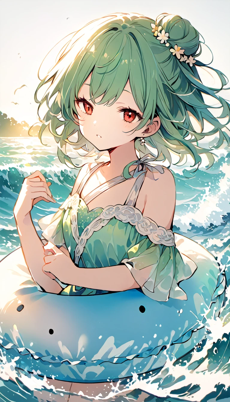 (((Young Girl)))、(( 1 girl)),( Red Eyes),（Short stature）,(Slanted Eyes),(( emerald green hair ))、( bun hair)、Young appearance、(( swimsuit))、In the water、One side of the sea、(((Girl ride on the innertube)))、Vector art、spirit of the wind、Backlight、Bright in backlight、Sun behind、Summer sky、cumulonimbus、Narrowed eyes and a happy look、cheek、The waves splash and the water shines beautifully.