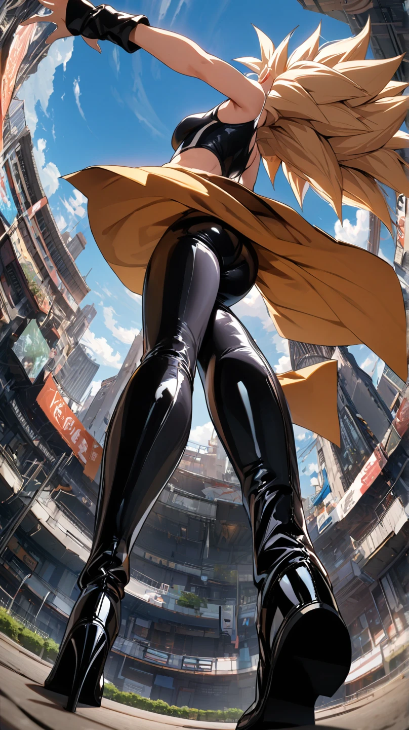 Long Shot,full body,Dynamic angles, Super Saiyan girl,sleeveless t-shirt and latex pants,high angle,CITY back ground,solo, 1 female,Highest quality,masterpiece,cool pose,stand, back ,put on boots, (from below:1.1)