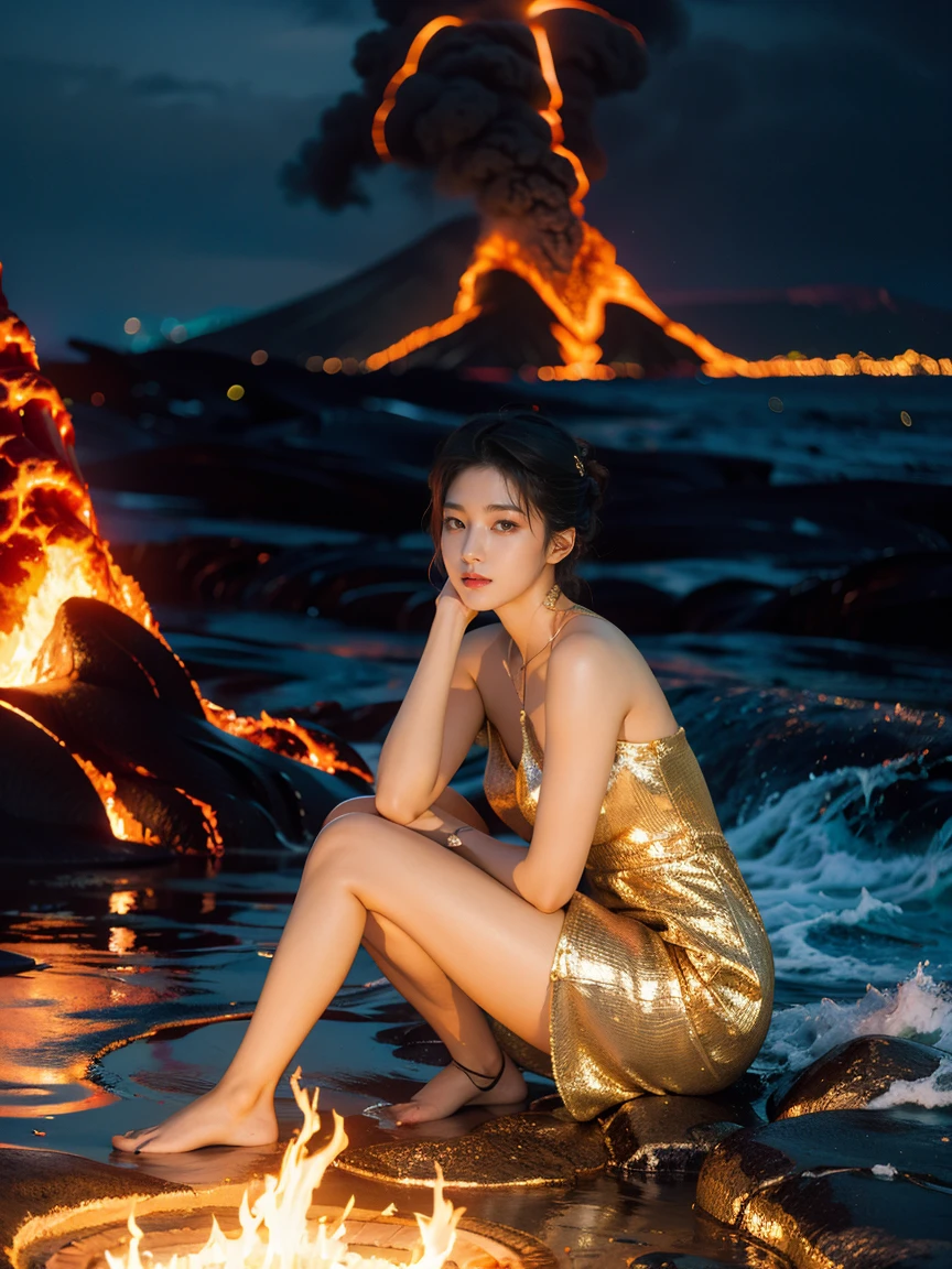 (8K, RAW photo,  best quality , masterpiece :1.2),( actual , photo-realistic:1.37), 1 Girl,Long Legs, Full body nymphomaniac,(Lava:1.3),{{ocean}},Dress made of roses，Volcanic Eruption，Magma flow，Infrared photography, 1.4 times more realism， Ultra HD， textured skin ，(Anatomically correct， Accurate and perfect Korean female face ， golden ratio )