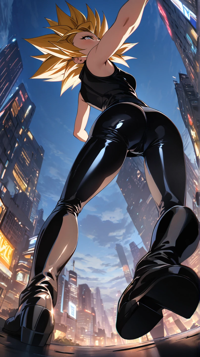 Long Shot,full body,Dynamic angles, Super Saiyan girl,sleeveless t-shirt and latex pants,high angle,CITY back ground,solo, 1 female,Highest quality,masterpiece,cool pose,stand,put on boots, (from below:1.1)