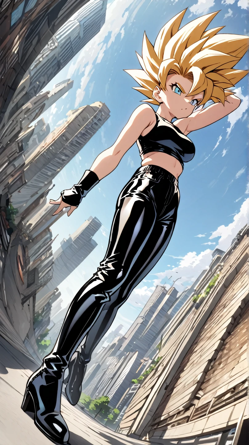 Long Shot,full body,Dynamic angles, Super Saiyan girl,sleeveless t-shirt and latex pants,high angle,CITY back ground,solo, 1 female,Highest quality,masterpiece,cool pose,stand,put on boots, (from below:1.1)