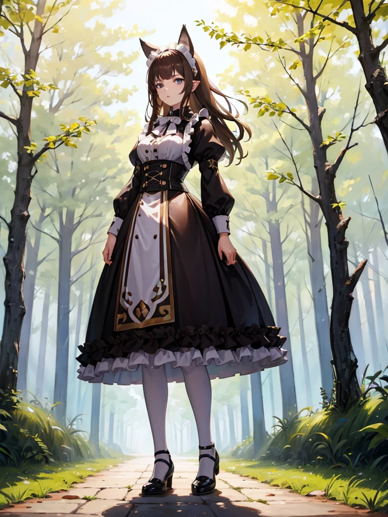 1 Female, Maid,  In the Ears of a Wolf , Brown Hair,  blond eyes ,  standing on the ground , high res,  ultra sharp , 8k, Masterpiece Puffy Skirt 