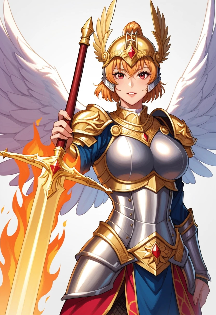  The best quality,  lonely mature woman , many curves, seductive, black armor, corona de flores, warrior girl wearing silver helmet , closed helmet, winged helmet, winged helmet, Spartan helmet, winged helmet a los costados, Gold jewelry, goddess, big white wings , short golden hair,  short hair,  hair is blond in color and short in size, reaching only the base of the neck, it is quite messy and has a somewhat pointed appearance.,  although he is mostly combed backwards , some fringes hang on his forehead , red eyes,  in her left hand she holds a long sword, Right hand holds a large shield , he wears full silver armor , wearing full armor ,  a human warrior Valkyria ,  raising her sword in the middle of her face , eyes on fire, Flaming sword ,  girl turning her back, Cover face ,  girl turning her back,  anime girl not looking at the camera,  girl looking forward , don't show your face ,  girl turning her back,  cover face 