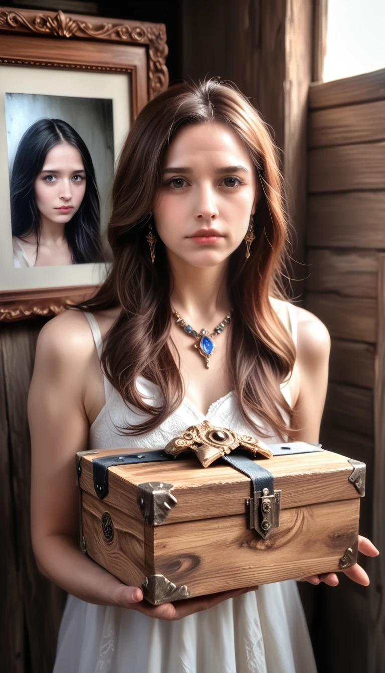 a beautiful young woman, pandora, dark golden hair, the first woman of humanity, holding a cursed black wooden box, greek mythology, (best quality,4k,8k,highres,masterpiece:1.2),ultra-detailed,(realistic,photorealistic,photo-realistic:1.37),detailed face,beautiful eyes,beautiful lips,detailed facial features,black wooden box,mystical,dark,dramatic lighting,cinematic,moody,dramatic,fantasy,concept art