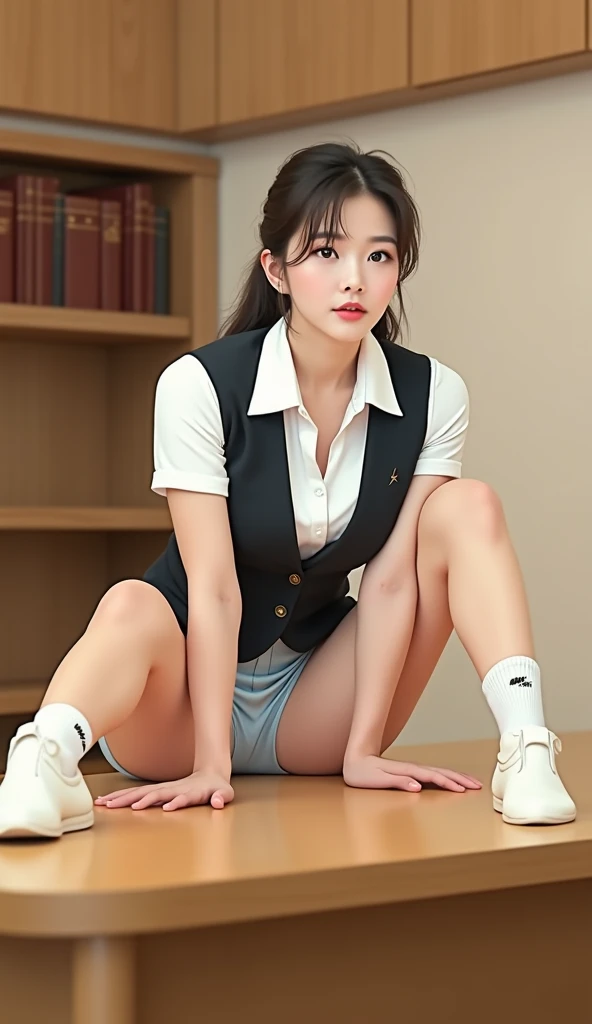 ((highest quality、8k、masterpiece:1.3)),((((fullbody shot)))),Ultra-high resolution,big eyes,Japanese,bangs,(a girl),(1 girl),((20 years old)),((facing at viewer)),(long hair),(((black school uniform))),grin,((sitting on chair)),((black pleated mini skirt)),(((pussy))),(((open leg))),((skirt lift)),((short crew socks))