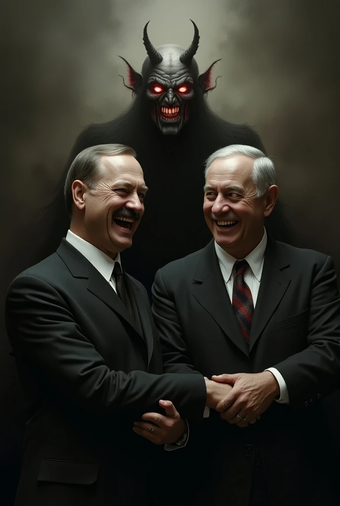 Netanyahu as a devil dragging Biden by the neck