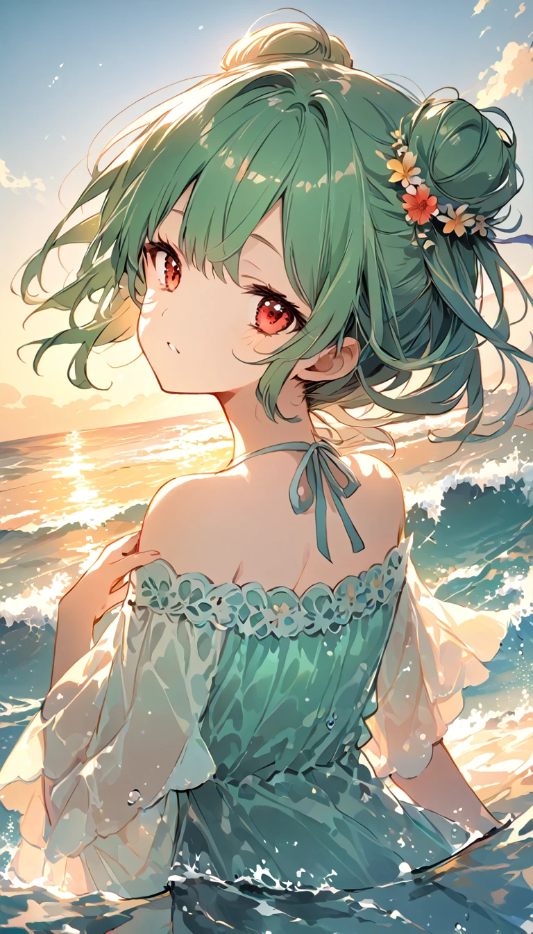 (((Young Girl)))、(( 1 girl)),( Red Eyes),（Short stature）,(Slanted Eyes),(( emerald green hair ))、( bun hair)、Young appearance、(( swimsuit))、In the water、One side of the sea、(((Girl ride on the innertube)))、Vector art、spirit of the wind、Backlight、Bright in backlight、Sun behind、Summer sky、cumulonimbus、Narrowed eyes and a happy look、cheek、The waves splash and the water shines beautifully.