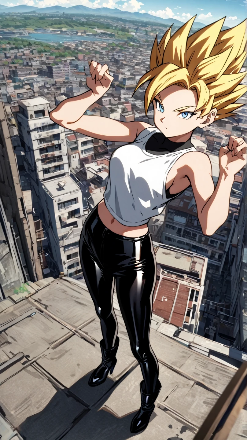 Long Shot,full body, Super Saiyan girl,short hair,sleeveless t-shirt and latex pants,high angle,CITY back ground,solo, 1 female,Highest quality,masterpiece,cool pose,stand,put on boots, (front view:1.1)