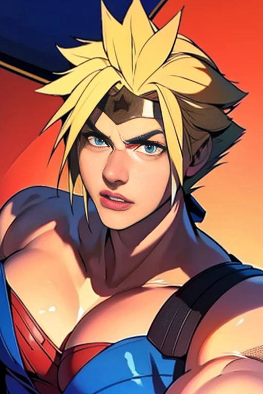 ( high definition), ( Best Quality ), ( high definition, ( Best Quality ), (Cloud Strife), (Overall view)  cool and handsome face    ,The beauty of Wonder Woman's costume, 18 years old,    toned and muscular  ,  cool and handsome face で  , SharpEye