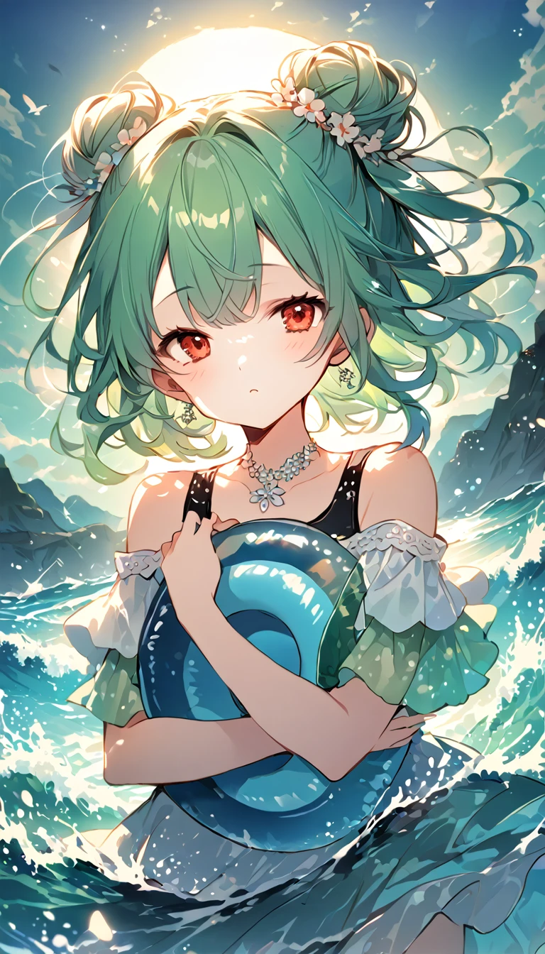 (((Young Girl)))、(( 1 girl)),( Red Eyes),（Short stature）,(Slanted Eyes),(( emerald green hair ))、( bun hair)、Young appearance、(( swimsuit))、In the water、One side of the sea、(((Girl ride on the innertube)))、Vector art、spirit of the wind、Backlight、Bright in backlight、Sun behind、Summer sky、cumulonimbus、Narrowed eyes and a happy look、cheek、The waves splash and the water shines beautifully.