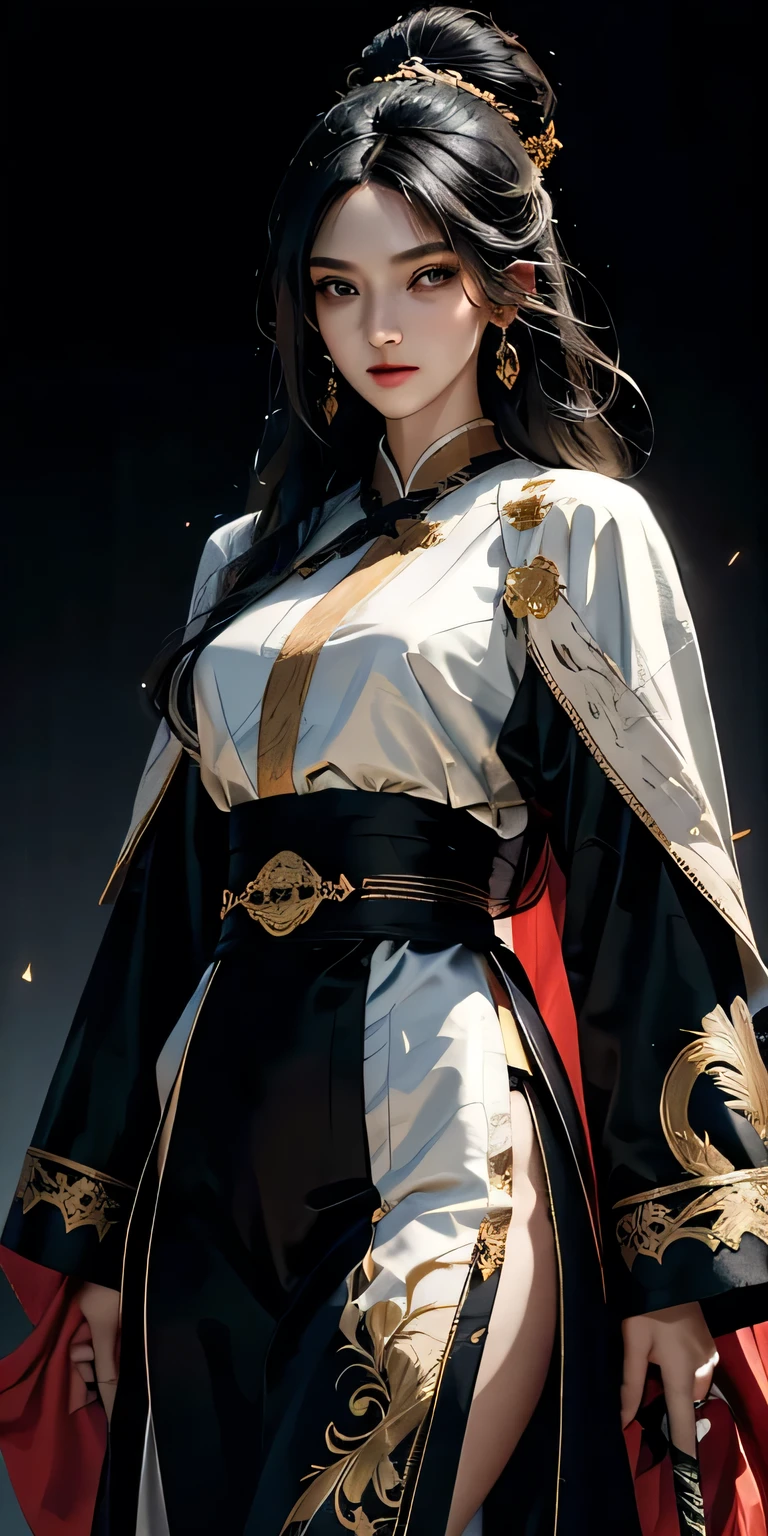 photorealistic, high resolution, soft light,1women, solo, solitary young girl, long flowing black hair, piercing black eyes, traditional Chinese attire, poise and determination, delicate sash with intricate gold embroidery, small jewels, slender fingers gripping gleaming sword, fur-trimmed scabbard, rich red fabric, elegance and readiness for combat, direct gaze, firm posture, challenging presence, sparkling earrings, muted shadow background, central focus, ethereal beauty from jewelry, warrior lineage, disciplined and controlled demeanor