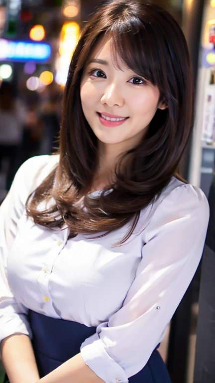 1 female, Thighs, Sitting on a train, office lady, Realistic, RAW Photos, White shirt, No bra, Tight Skirt, pantyhose, pumps,  Medium Hair, bangs, Looking at the audience, Highest quality, ８hair、Big Breasts, (Arms crossed),smile、A big smile、