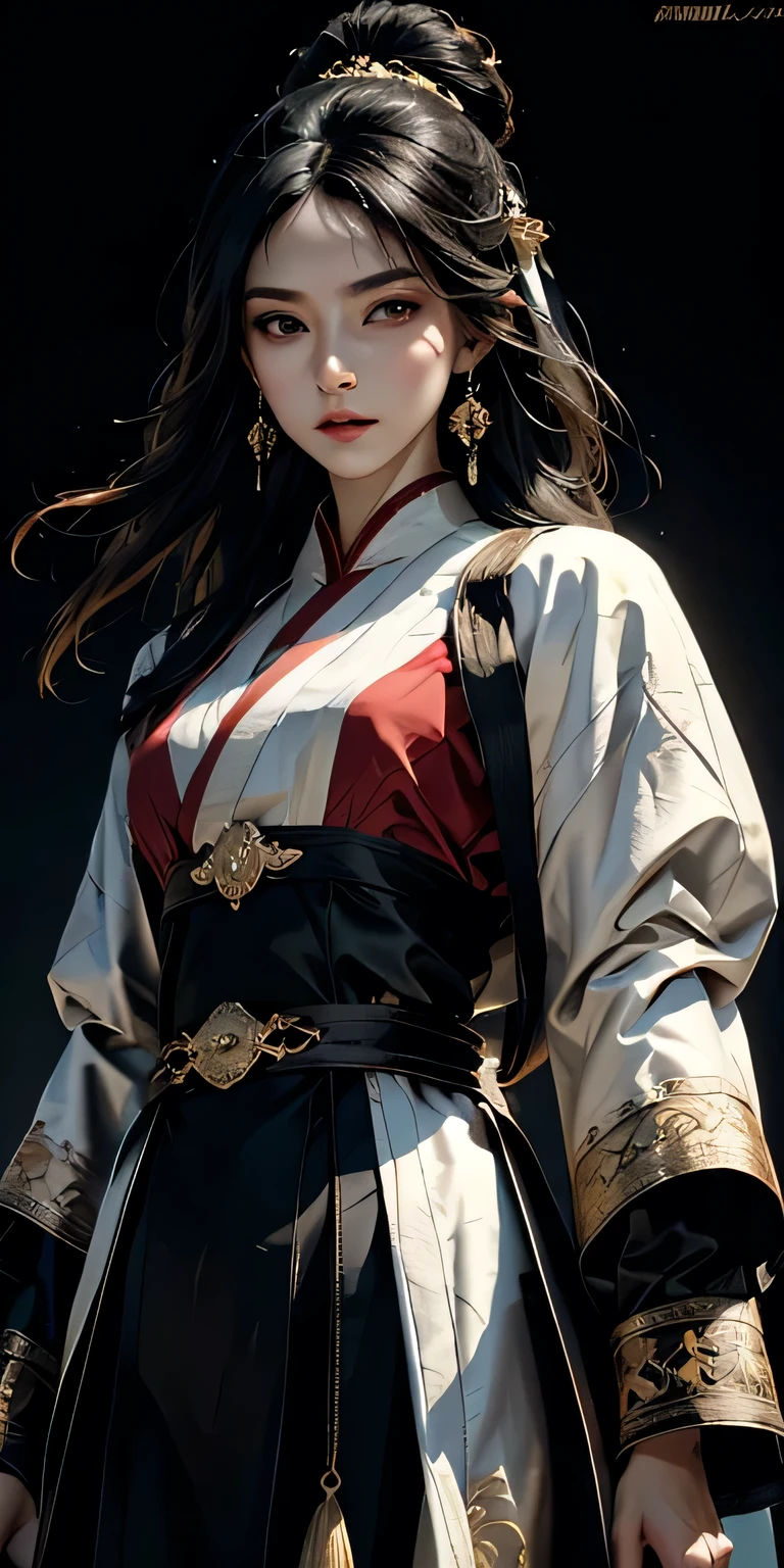 photorealistic, high resolution, soft light,1women, solo, solitary young girl, long flowing black hair, piercing black eyes, traditional Chinese attire, poise and determination, delicate sash with intricate gold embroidery, small jewels, slender fingers gripping gleaming sword, fur-trimmed scabbard, rich red fabric, elegance and readiness for combat, direct gaze, firm posture, challenging presence, sparkling earrings, muted shadow background, central focus, ethereal beauty from jewelry, warrior lineage, disciplined and controlled demeanor