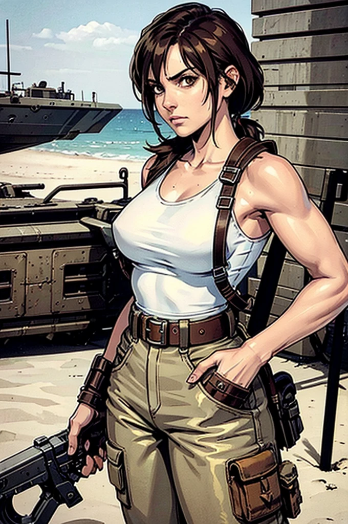 a military woman, well trained body, white sleeveless t-shirt, Exposed collarbone, beige leather shelter, blue pants, two leather belts with gun pockets, dark brown hair, carving, Brown eyes, hazel left eye, left eye with a scar, beach shore, at daytime, getting off a water boat, threatening expression looking at viewer, sparkling beach, palm trees around, In a post-apocalyptic environment, post - apocalyptic cowgirl, Post - Apocalyptic style, Post apocalyptic clothing, pose, post-apocalyptic, Postapocalyptic style, post apocalyptic grunge, Post - Apocalyptic Scavenger. (Ultra quality) 8k quality, detailed, perfect light, perfect angle, perfect sharpness.